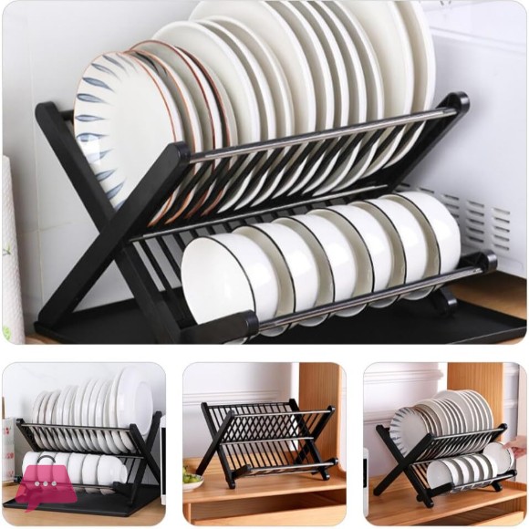 Folding Dish Drainer Rack Water Tray Space-Saving Kitchen Drying Organizer for Plates and Bowls