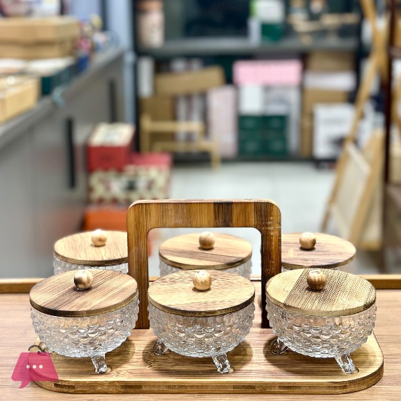 6-Piece Textured Glass & Bamboo Serving Set with Carrying Tray