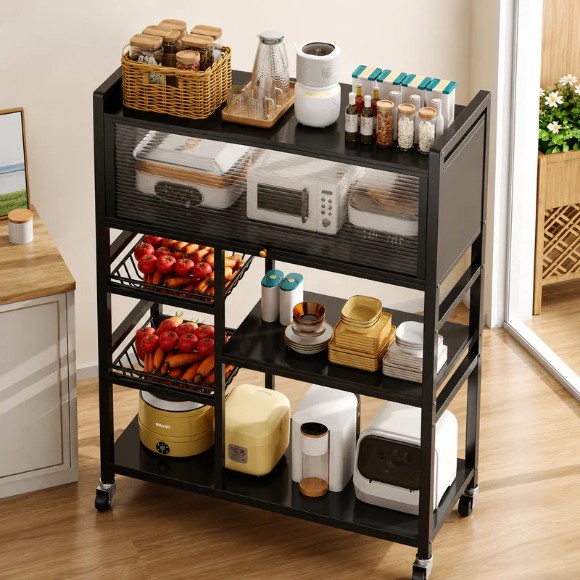 Kitchen Storage Rack With Cabinet, Kitchen Pantry Storage Shelf, Rolling Kitchen Storage Cabinet, Moveable Kitchen Microwave Storage Stand