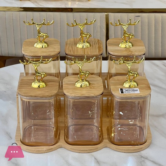 luxury Deer Top Bamboo Stand with Glass Spice Jars Set
