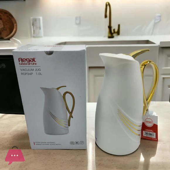 Regal Vacuum Jug 1.0 Liters – Thermal Flask with Glass Liner – Keeps Drinks Hot for 12 Hours & Cold for 24 Hours – Elegant Golden Design