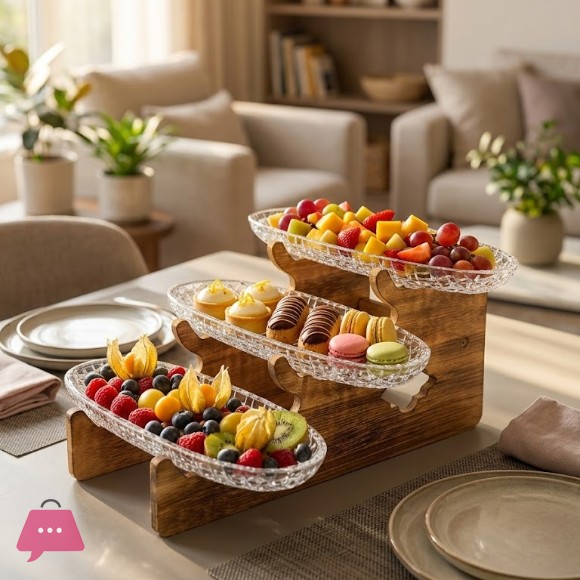 3-Tier Crystal Glass Serving Tray with Stepped Wooden Stand