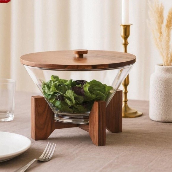 Salad Serving Bowl Set With Wooden Lid And Stand Clear Serving Bowl With Spoon And Fork