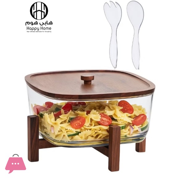 Salad Serving Bowl Set With Wooden Lid And Stand Clear Serving Bowl With Spoon And Fork