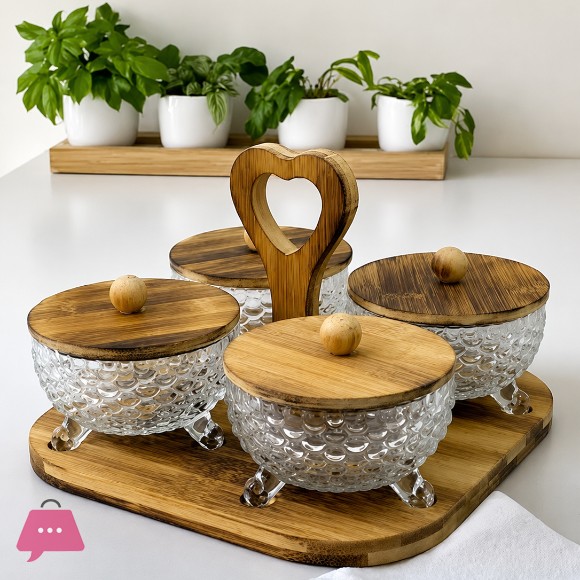 Set of 4 Glass Jars with Bamboo Lids and Decorative Tray