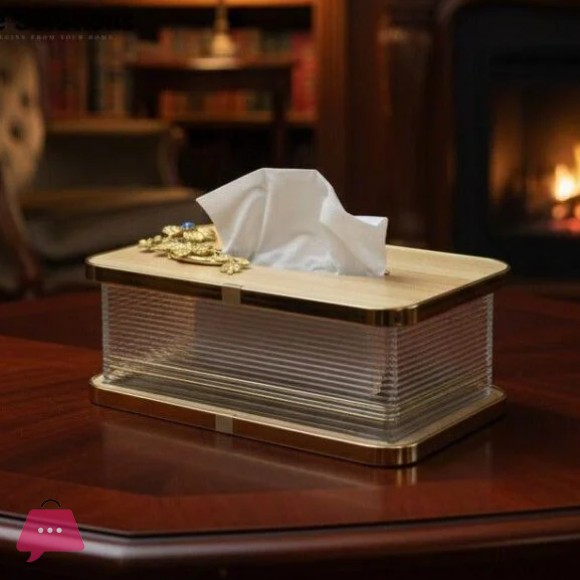 Premium Wood Top Gilded Tissue Box with Metal Motif