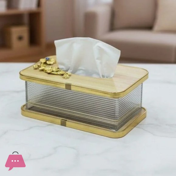 Premium Wood Top Gilded Tissue Box with Metal Motif