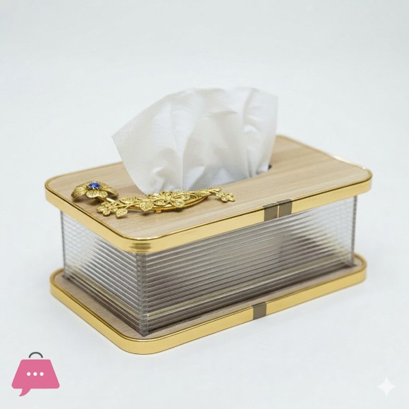Premium Wood Top Gilded Tissue Box with Metal Motif