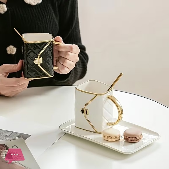 1, Bag-Shaped Dessert Ceramic Cup with Spoon and Saucer Set