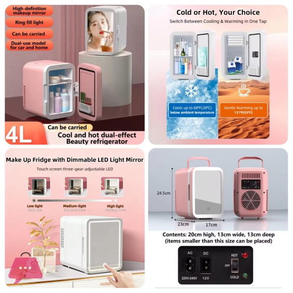 4L Mini Fridge Portable Storage Refrigerator WIth LED Light Mirror Cooler Home Car Use