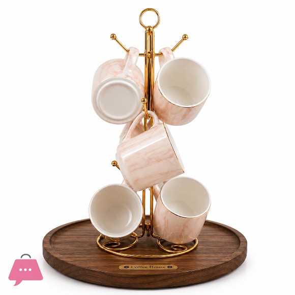 6 Cups & 6 Saucers Ceramic Tea Set with Gold Metal Stand