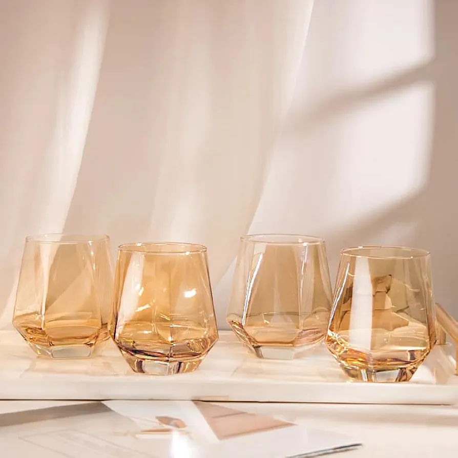 Diamond Cut 6 Pcs Glassware Premium Glass Elegant Gold Colour 250 ml Glass