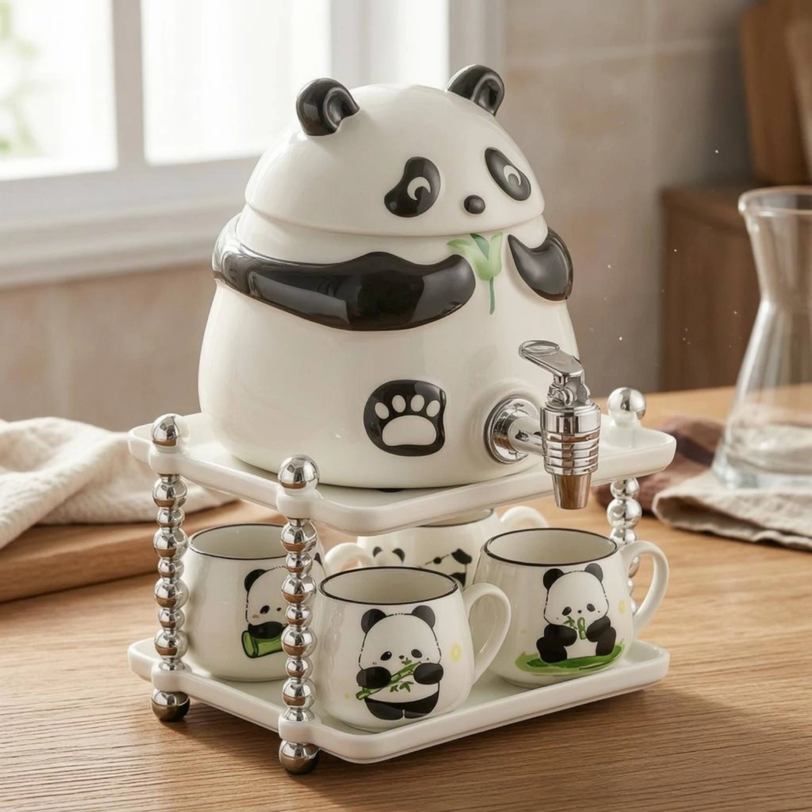 Panda Water Dispenser Front Tap Ceramic Water Dispenser Fitted Lid 1 Dispenser + 4 Cups