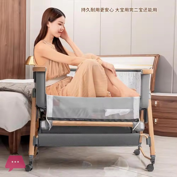 Baby Crib with Swing Rods Wheels & Adjustable Height Bedside Baby Cot - C3
