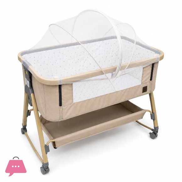Baby Crib with Swing Rods Wheels & Adjustable Height Bedside Baby Cot - C3
