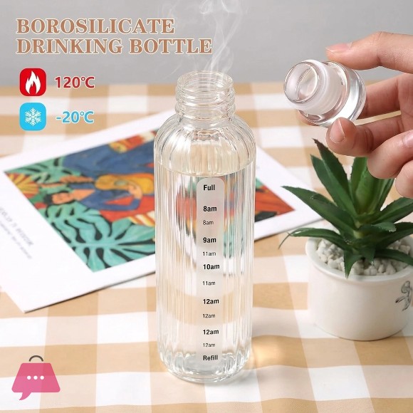 Borosilicate Glass Water Bottle with Time Marker Leakproof Glass Bottle - 500 ml