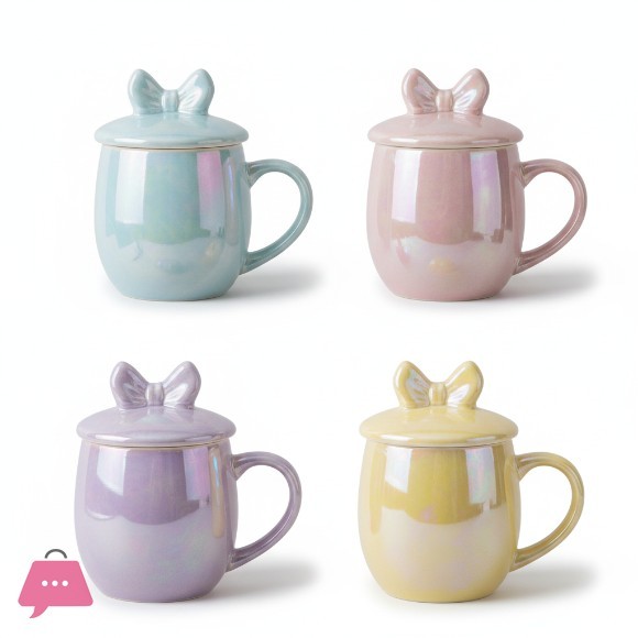 Bow Lid Iridescent Ceramic Mug Pastel Coffee & Tea Cup 1Pcs