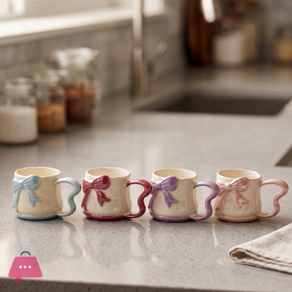 Ceramic Bow-Handle Mugs Pastel Colors