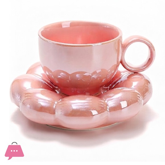 Ceramic Coffee Mug with Saucer Set Cute Cloud Mug with Sunflower Coaster Pink, Pearl White 1Pcs
