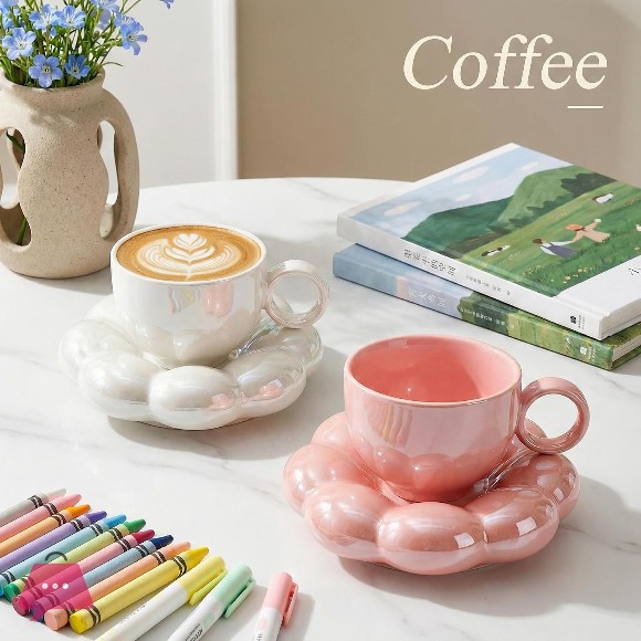Ceramic Coffee Mug with Saucer Set Cute Cloud Mug with Sunflower Coaster Pink, Pearl White 1Pcs