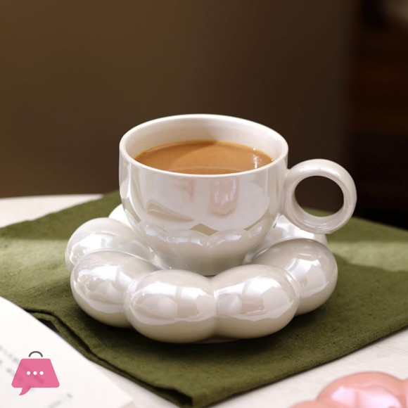 Ceramic Coffee Mug with Saucer Set Cute Cloud Mug with Sunflower Coaster Pink, Pearl White 1Pcs
