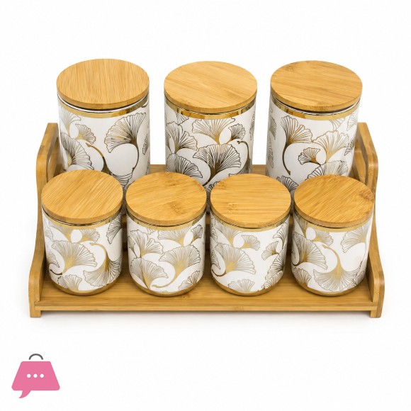 Ceramic Jar Set with Wooden Lids Bamboo Stand