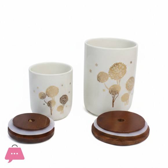 Ceramic Storage Jar Set with Wooden Lids and Display Stand