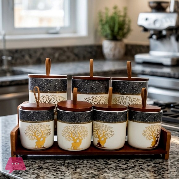 Ceramic Storage Jar Set with Wooden Lids and Display Stand