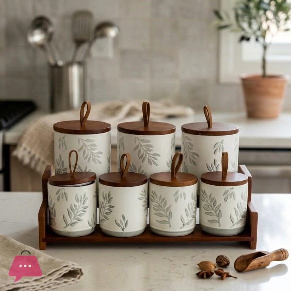 Ceramic Storage Jar Set with Wooden Lids and Display Stand