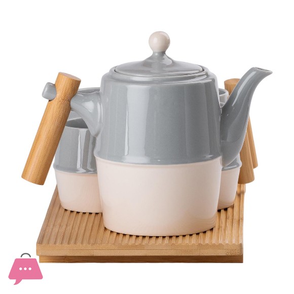 Ceramic Tea Cups Sets with Wooden Trays 6 Tea Cup and Tea Kettle with Wooden Handle