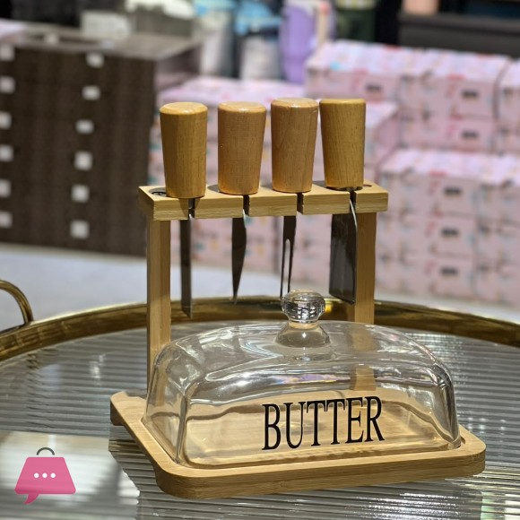 Wooden Butter Set Holder Glass Lid 4 Knives of Different Shapes