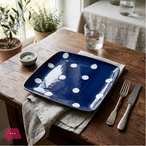 Danny Home White Dot Design Blue Square Dinner Plate - 10Inch
