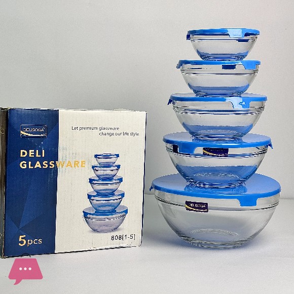 Deli Soga Glass Bowls with Blue Lids 5 Pcs