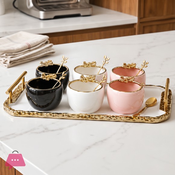 Elegant Ceramic Dessert Bowls Set with Spoons & Tray 6-PCS