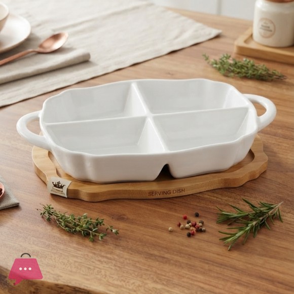 Four Section Serving Dish With Wooden Handle