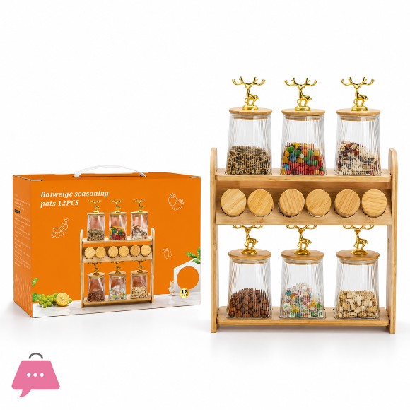 Glass Spice Jars Set 12 Piece with Wood Stand