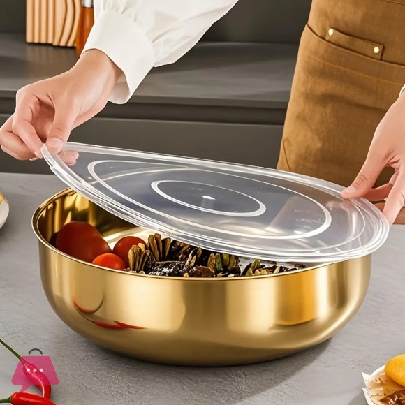 Golden Stainless Steel Mixing Bowl with Lid- Rust-Resistant, Deep & Wide Design for Dough Kneading Box