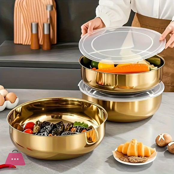 Golden Stainless Steel Mixing Bowl with Lid- Rust-Resistant, Deep & Wide Design for Dough Kneading Box