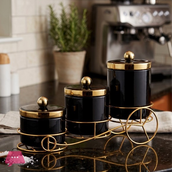 Luxury Ceramic Canister Set with Metal Stand 3-Piece Storage Jars for Kitchen Coffee Sugar & Spices