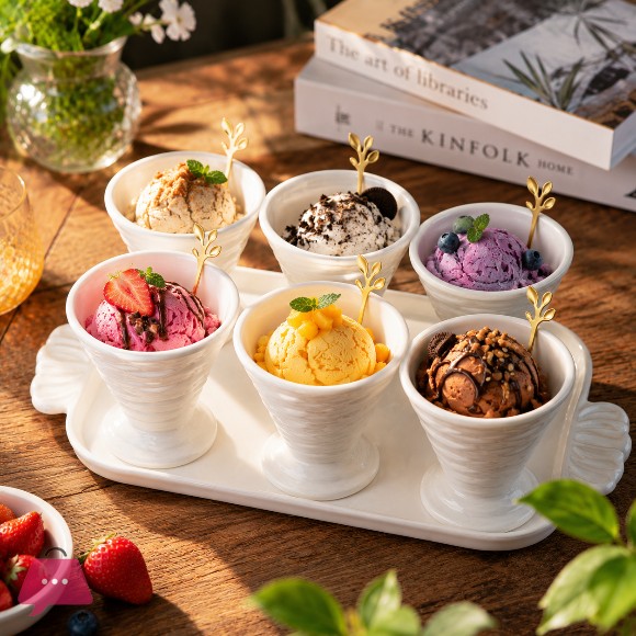 Macaron Shiny Pearl Glaze Creative Ceramic Ice Cream Cup With Spoon and Tray in 6-Pcs Set