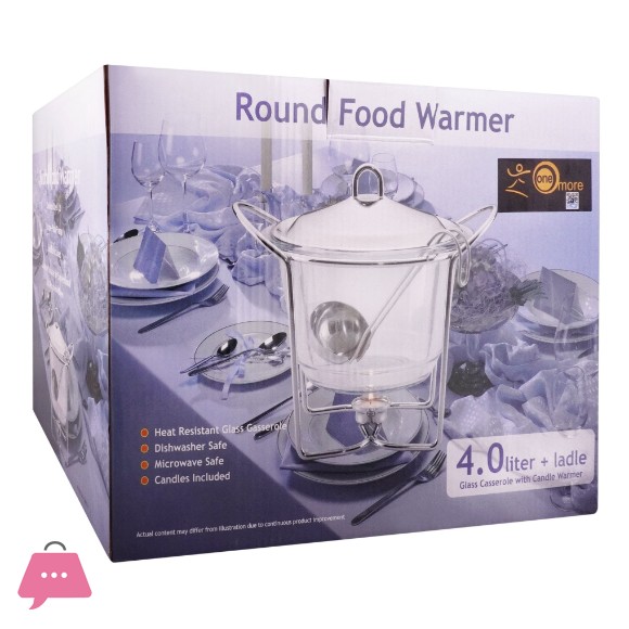 Round Food Warmer 4 Liter with Ladle Glass Casserole with Candle Warmer K610