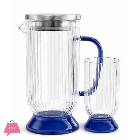Borosilicate Glass Premium Ribbed Water Set 7 Pcs – 1200ml Transparent Jug with Blue Base & Glasses