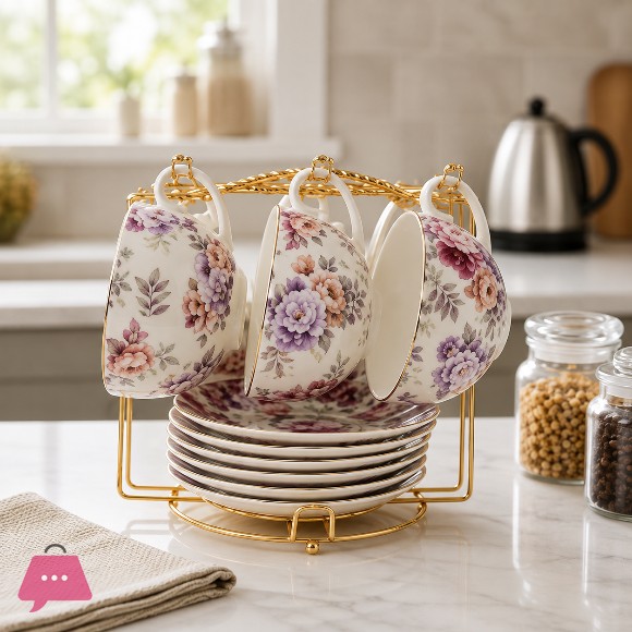 Luxury Floral Ceramic Tea Cup Set with Gold Stand – 6 Cups & 6 Saucers