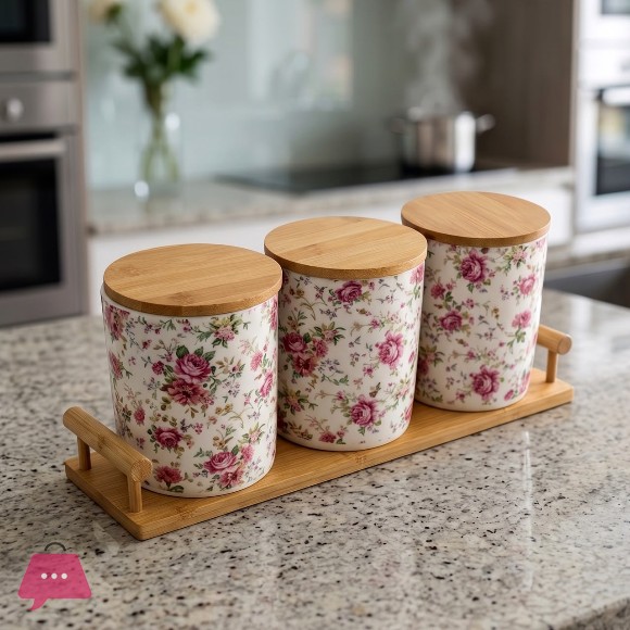 Floral Ceramic Storage Jar Set with Wooden Lids and Tray