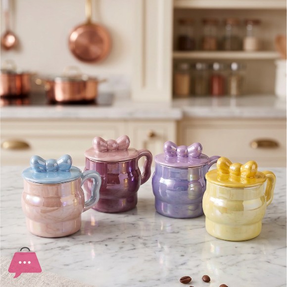 Bow Lid Iridescent Ceramic Mug Pastel Coffee & Tea Cup 1Pcs