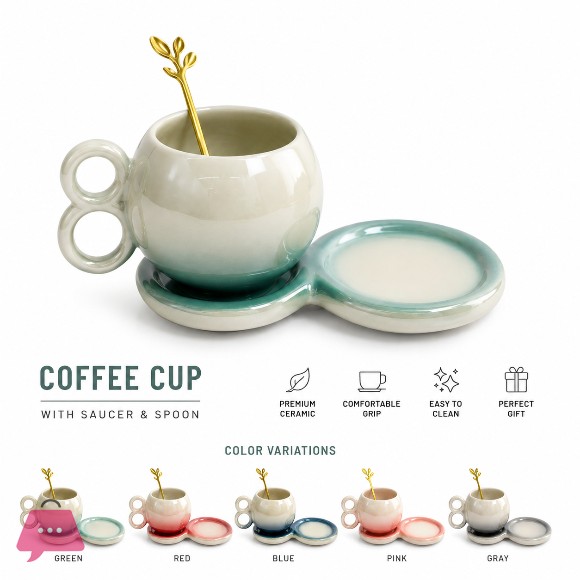 Koren Style Ceramic Coffee Cups with Saucers and Spoon 1Pcs