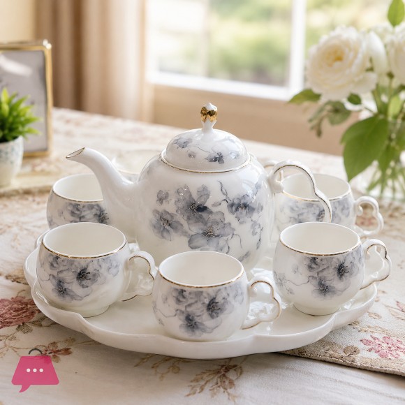 Elegant Flower Ceramic Tea Set with Revolving Tray