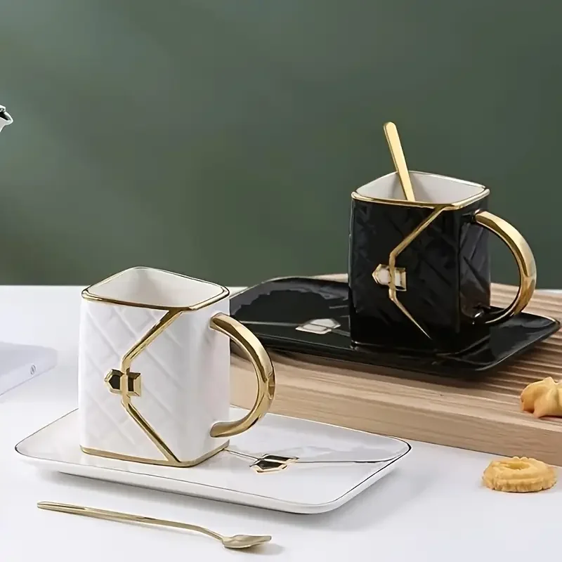 1 bag shaped dessert ceramic cup with spoon and saucer set breakfast coffee mug and plate set handheld for office home coffee tea hot chocolate and latte Product details 1