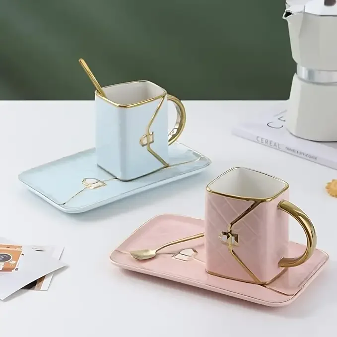 1 bag shaped dessert ceramic cup with spoon and saucer set breakfast coffee mug and plate set handheld for office home coffee tea hot chocolate and latte Product details 5