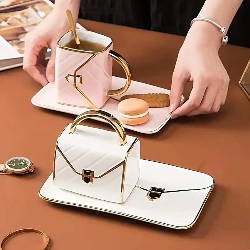 1 bag shaped dessert ceramic cup with spoon and saucer set breakfast coffee mug and plate set handheld for office home coffee tea hot chocolate and latte Product details 7